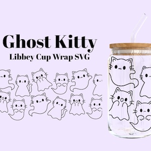 Ghost Cat SVG Cup Wrap and PNG file for 16 oz Libbey Glass Can – Cute Spooky Trendy Halloween Kitty Cricut File