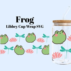 Envelope de copo SVG com sapo fofo e lótus e libélula | Arquivo de lata de vidro Libbey de 16 oz | Design de animais da natureza | PNG + SVG para vinil ou sublimação