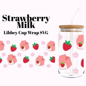 Envoltório SVG e PNG de leite de morango para copo Libbey de 16 oz – Design de copo rosa kawaii – SVG estético fofo para Cricut