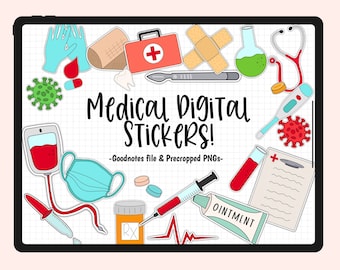 May include: A set of digital stickers featuring medical illustrations. The stickers include a stethoscope, a thermometer, a bandage, a first aid kit, a syringe, a pill bottle, a face mask, a blood bag, a vial of blood, a scalpel, a tube of ointment, a beaker, a virus, a hand with a drop of blood, and a heart rate monitor. The stickers are designed for use in digital planners and note-taking apps.