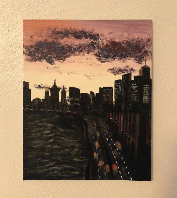 Rushing New York City Skyline Sunset Painting Etsy