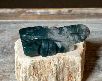 Carved Moss Agate Scorpion Figurine: Polished Quartz Crystal Display