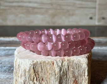 Pink Cat Eye Stone Bracelet: Polished 8mm Crystal Bead Stretch Jewelry