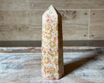 Gold Star Moon Carved Sunstone Tower: Polished Crystal Point