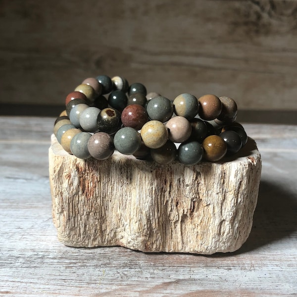 Polychrome Jasper Bracelet, Crystal, Stone, Bead, Round, Stretch, Metaphysical, Jewelry, Grey, 8 mm, Polished, Healing, Display