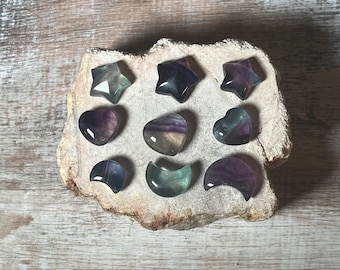 Mini Polished Fluorite Carving: Heart, Moon, Star - Healing Crystal