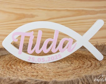 Fish baptism table decoration with name and date, for baptism, communion, confirmation, fish table decoration, table decoration, Ichthys