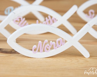 Poissons personnalisés avec nom, étiquettes nominatives, marque-places, décorations à disperser pour communion, confirmation, baptême, décorations de table, Ichthys