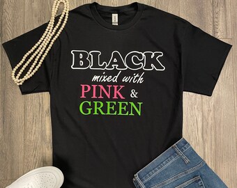 Black mixed with pink and green