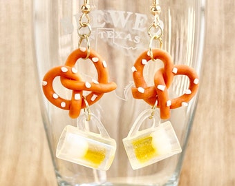 Pretzel and Beer Earrings, Oktoberfest Dangle