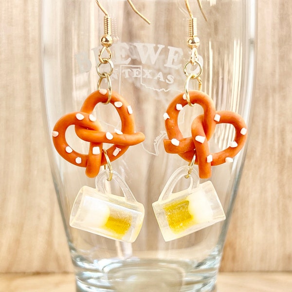 Pretzel and Beer Earrings, Oktoberfest Dangle