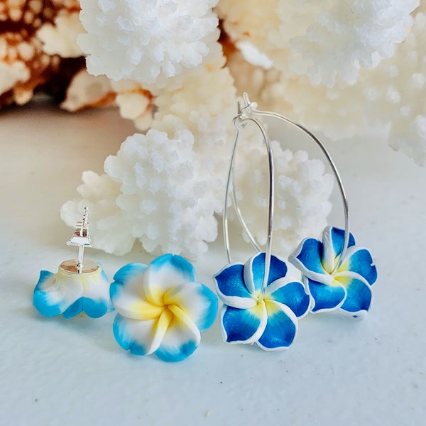 Blue Plumeria Stud Earrings, Hawaiian Earrings, Tropical Earrings