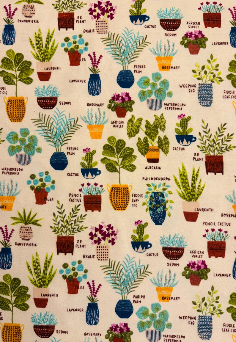 Op de afbeelding: Een beige achtergrond met een herhalend patroon van potplanten. De planten zijn ge&iuml;llustreerd in verschillende kleuren en stijlen, waaronder groen, blauw, rood, geel en paars. De namen van de planten staan onder elke pot, zoals "Sansevieria", "ZZ Plant", "Oxalis", "Cactus", "Sedum", "Parlor Palm", "Rosemary", "African Violet", "Weeping Fig", "Watermelon Peperomia", "Philodendron", "Pencil Cactus", "Laurentii", "Lavender", "Fiddle Leaf Fig", and "Pilea".