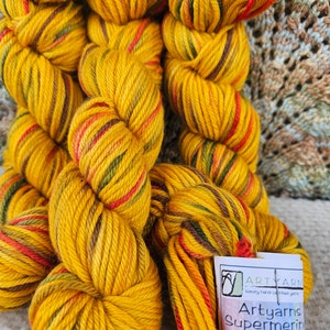 May include: A skein of yellow, orange, red, and green yarn with a label that reads "Artyarns Supermerin 100% Superwash Merino Wool 55g - 115yd".