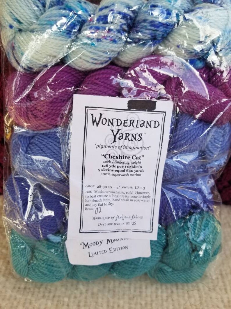 Wonderland Yarns Cheshire Cat Hand Dyed by Frabjous Fibers Moody Madness Limited Edition
