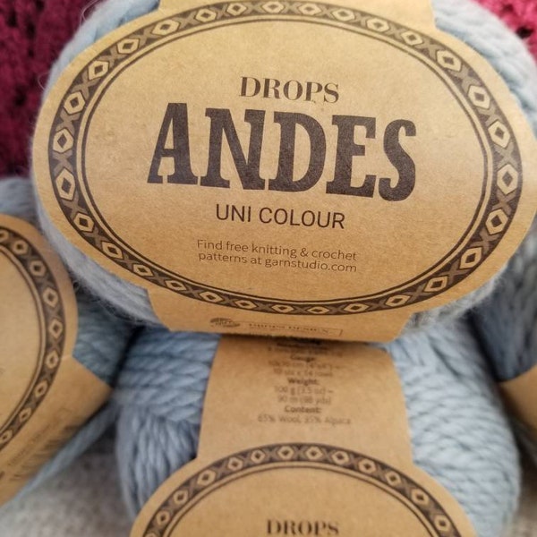 Garn Studio Yarn Drops Andes Uni Colour Alpaca Wool Blend Super Bulky Color 7120 Light Blue