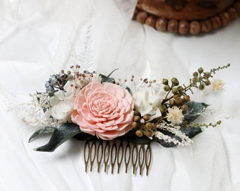 Wedding Hair Comb_010PK Bohemian style, sola flower and preserved flower wedding hair comb