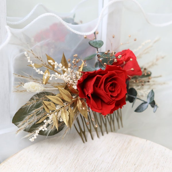 Preserved Red Rose and gold fillers with Greens Wedding Hair combs, Bridal Hair combs