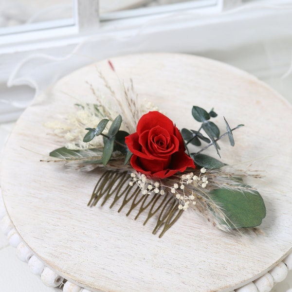 Preserved Red Rose with Greens Wedding Hair combs, Bridal Hair combs