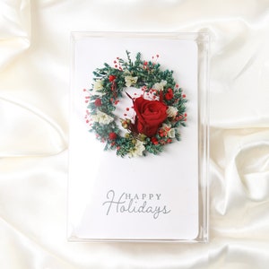 Carte de Noël de vraies roses / carte de roses rouges éternelles / fleurs préservées / carte de vœux / cadeau de Noël / carte de couronne / carte individuelle