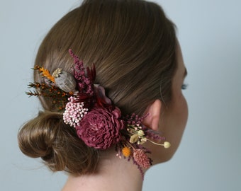 ArteQueen Burgundy Orange Style Wedding Hair Comb| Preserved Flowers and Dried Flowers | Wedding Hair Pins