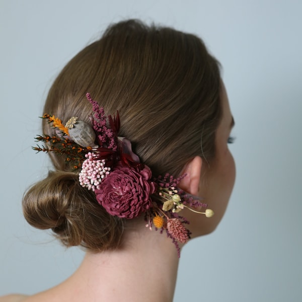 ArteQueen Burgundy Orange Style Wedding Hair Comb| Preserved Flowers and Dried Flowers | Wedding Hair Pins