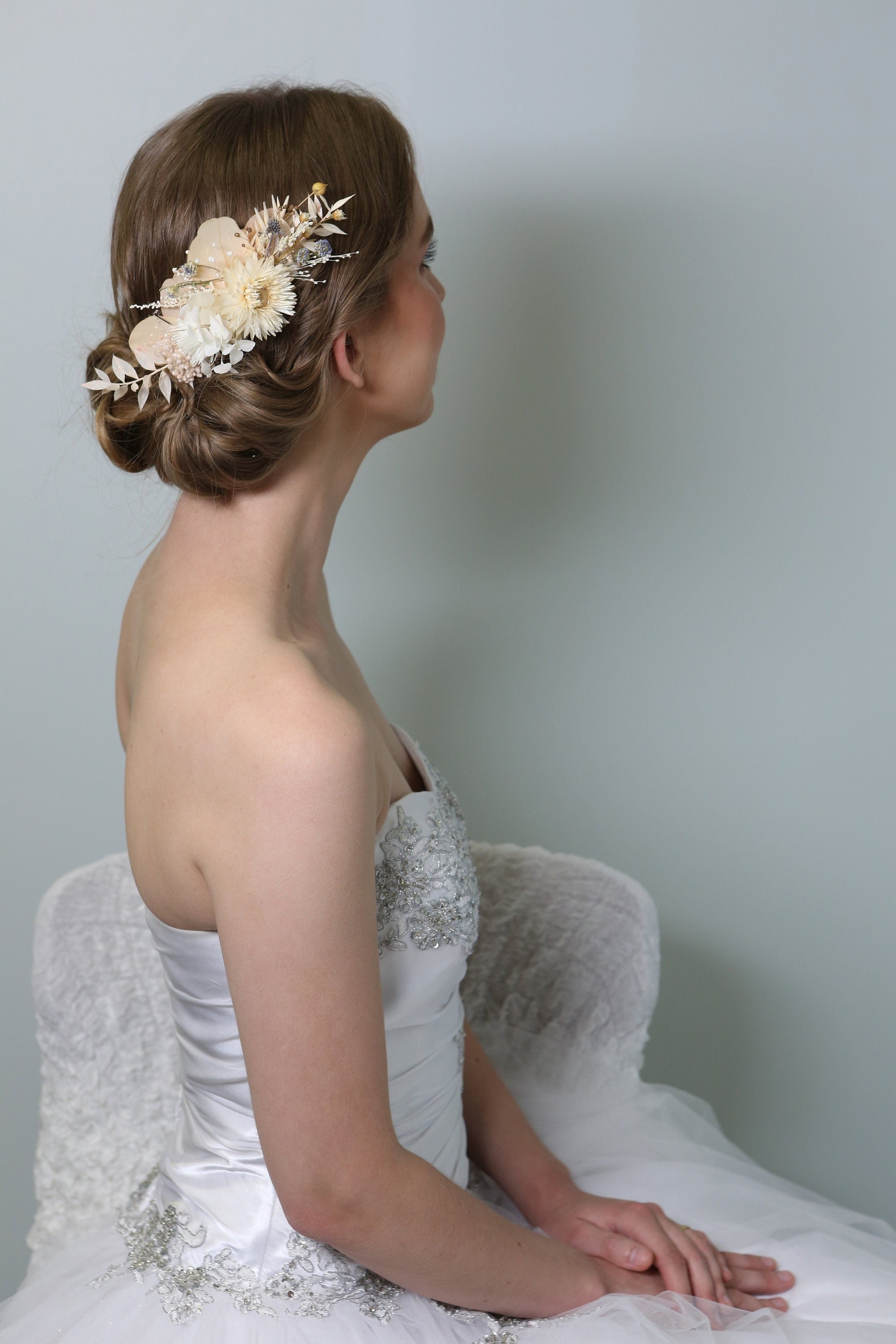 ArteQueen_Light Pink Presered and Dried flowers Wedding Hair Comb_bridal hairpieces, wedding hair pieces