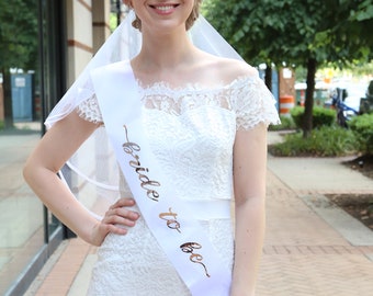 1 white + gold bride sash and cascading veil w/ plastic comb