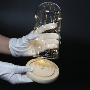 May include: A clear glass cloche with a string of small, warm white LED lights inside, resting on a round, unfinished wooden base. The cloche is held by gloved hands against a dark background. The lights are on.