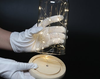 LED Fairy Light Glass Dome Cloche | Wooden Base Tabletop Display | Battery Operated with ON/Off Switch