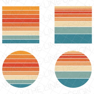 May include: Four retro-style graphic designs featuring a sunset with orange, red, yellow, and blue stripes. Two designs are squares and two are circles.