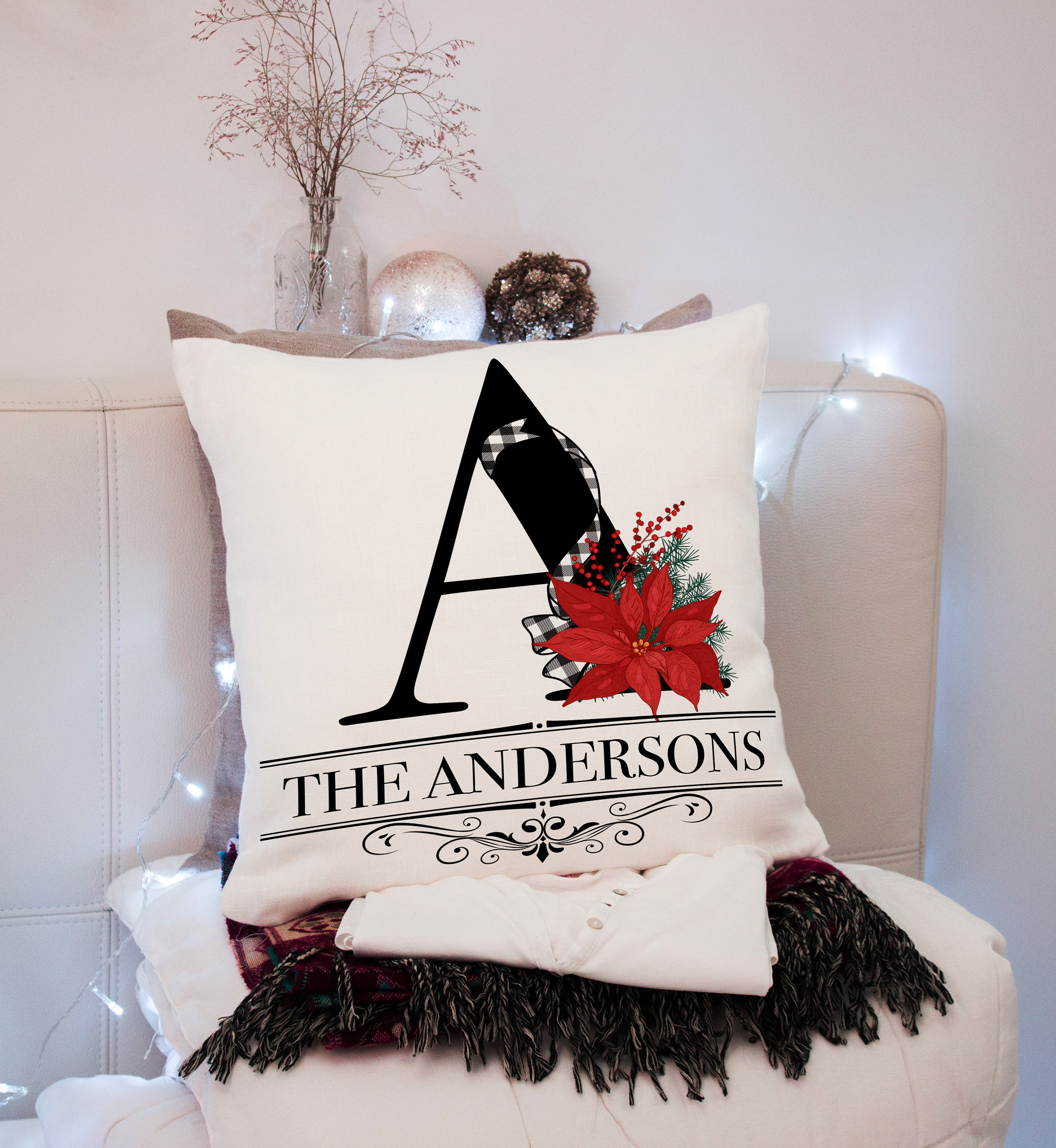 26 Character Poinsettia Monogram with plaid ribbon - Complete Alphabet - Sublimation Design Instant Digital Download - 300 DPI PNG