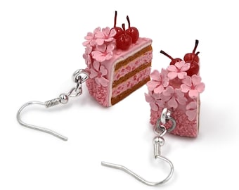 Cherry Blossom Cake Earrings - Handmade Polymer Clay Desserts