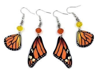Monarch Butterfly Wing Earrings - Stainless Steel Jewelry - Handmade Polymer Clay Insect Wings