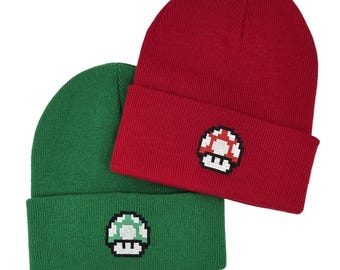 Embroidered Mushroom Beanie - 8-bit Mushroom Beanie - Classic Video Game Apparel - Gamer Gear