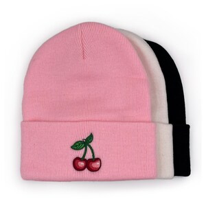 Embroidered Cherries Beanie - Embroidered Hat with Pair of Cherries - Embroidered Fruit Beanie - Cute Hat for Girls - Girly Gift Idea