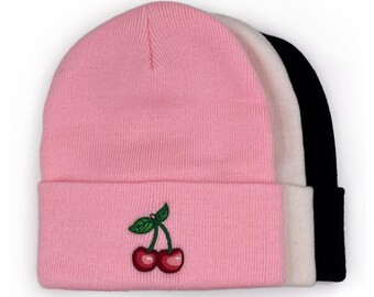 Embroidered Cherries Cuffed Beanie – Fruit Hat, Girly Knit Cap