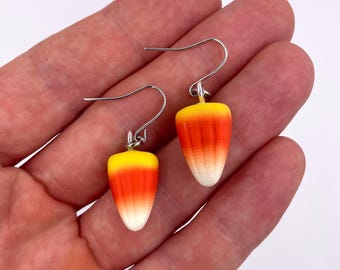 Miniature Candy Corn Earrings - Polymer Clay Candy Earrings - Candy Corn Dangle Drop Earrings - Halloween Candy Earrings - Halloween Gifts