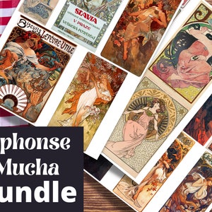 Alphonse Mucha Posters and Illustrations, Digital Printable Collage Sheet JPG, 33 sheets, junk journal, ephemera, Alfons, art noveau clipart