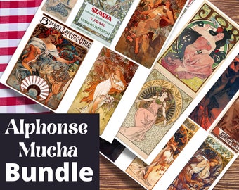 Alphonse Mucha Posters and Illustrations, Digital Printable Collage Sheet JPG, 33 sheets, junk journal, ephemera, Alfons, art noveau clipart