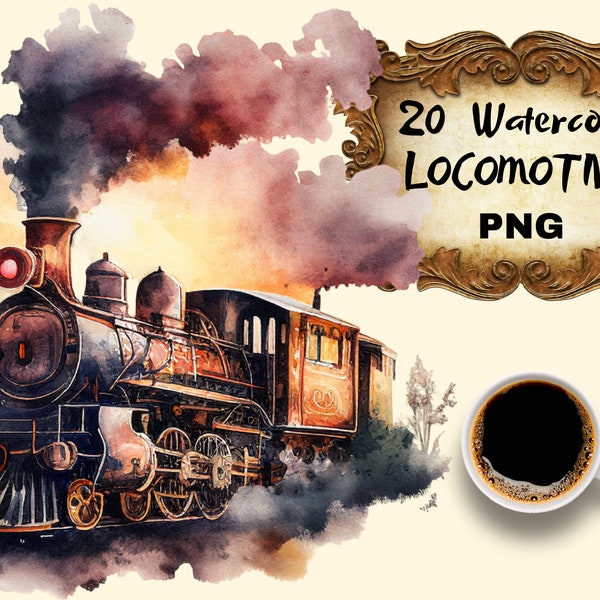 20x Watercolor Steam Locomotive PNG, Clipart train, clip art locomotive PNG, Commercial Use, train clipart png, junk journal, scrapbooking