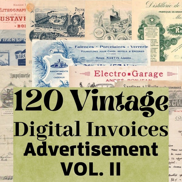 120 Digitale Vintage Facturen, Rekeningen, Advertenties Afdrukbare Ephemera, Collage Sheet, Franse ephemera facturen, instant download, clip art