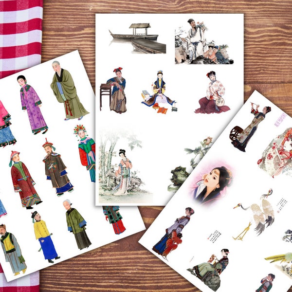 60 x Vintage China Png, chinese costumes, china culture, nacient china,  chinese art, digital image, digital scrapbooking, ephemera, dragon