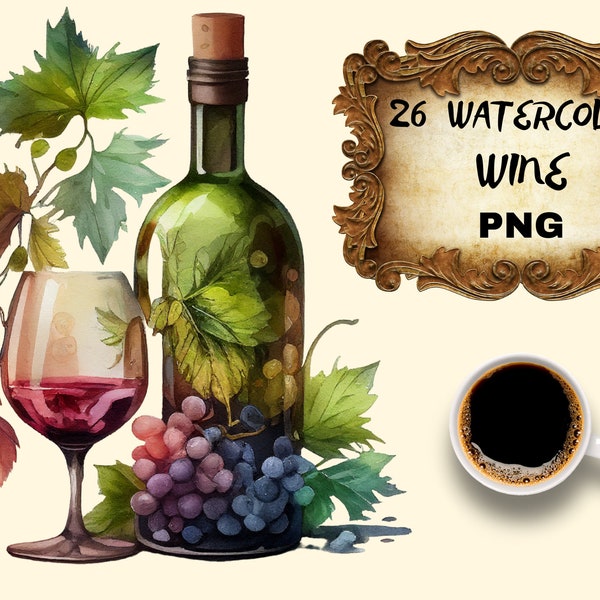 26x Watercolor wine clipart, wine png, clipart bundle, junk journal, commercial use, scrapbooking ephemera, wine illustration, drinking png