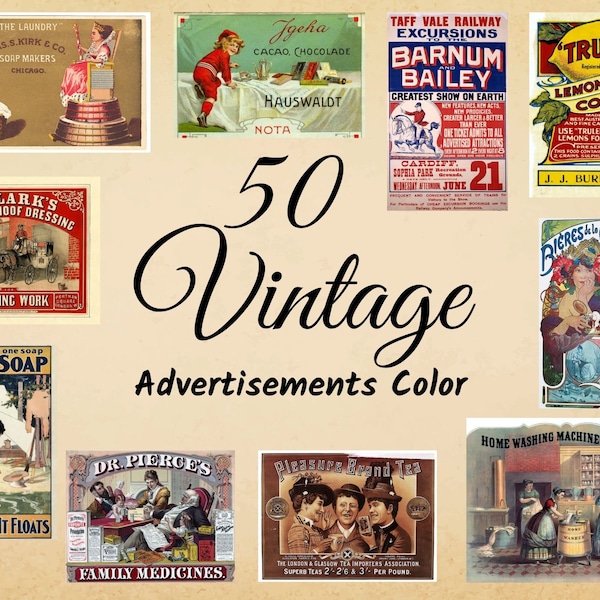 Digital Vintage Colored Advertisements Printable Ephemera Collage Sheet