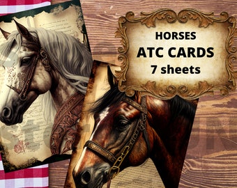 Horse Artist Trading Cards, Digital Collage Junk Journal, Horse Illustration, horse clipart, Printable Ephemera Pack, ATC horse, horses