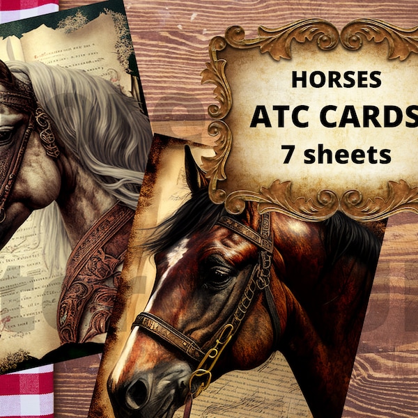 Horse Artist Trading Cards, Digital Collage Junk Journal, Horse Illustration, horse clipart, Printable Ephemera Pack, ATC horse, horses