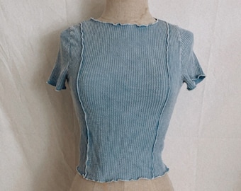 Baby Blue Ribbed Lettuce Trim Shortsleeved Top/Spring, Summer High Neck Top/Fuller Bust Tops/Basics,Sporty,Casual,tennis,athletic