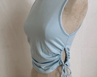 Womens Baby Blue side Tie Up Tank/ Spring, Summer High Neck Tank Top/Womens Basics/Scrunch Drawstring Top PeekaBoo Top/Cottage,Athletic