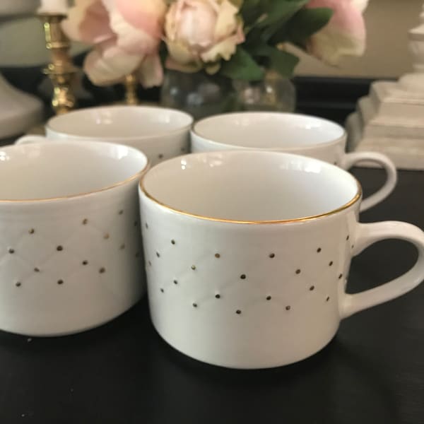 S4 Gourmet Expressions Golden Poke-a-dot Stoneware Coffee Tea Cups/white & gold/ShabbyChic,CottageChic/Chic Coffee Bar,Princesscore,SoftGirl